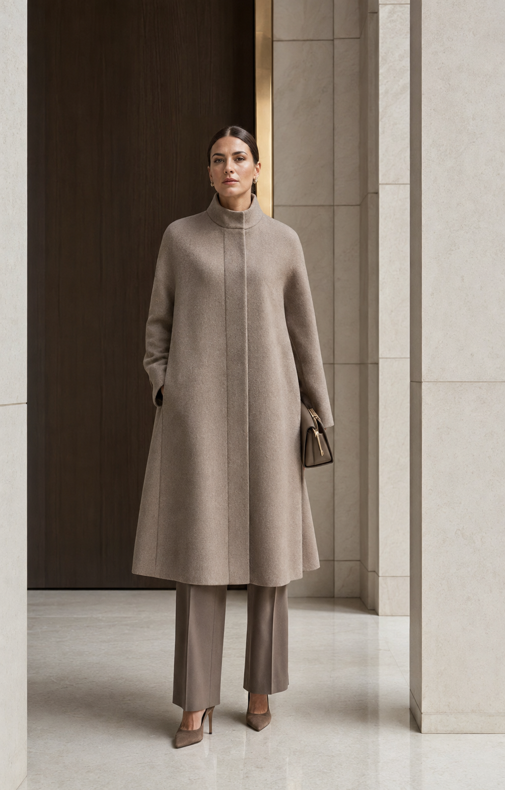 Long espresso double-faced wool wrap coat